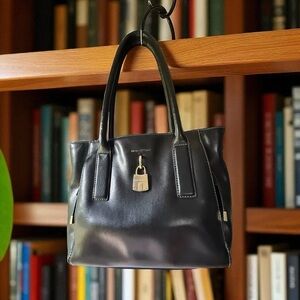 Dana Buchman Black Leather Satchel with Gold Lock